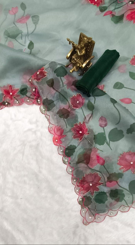 Latest Green Color Moti Khatli Work Organza Saree Blouse