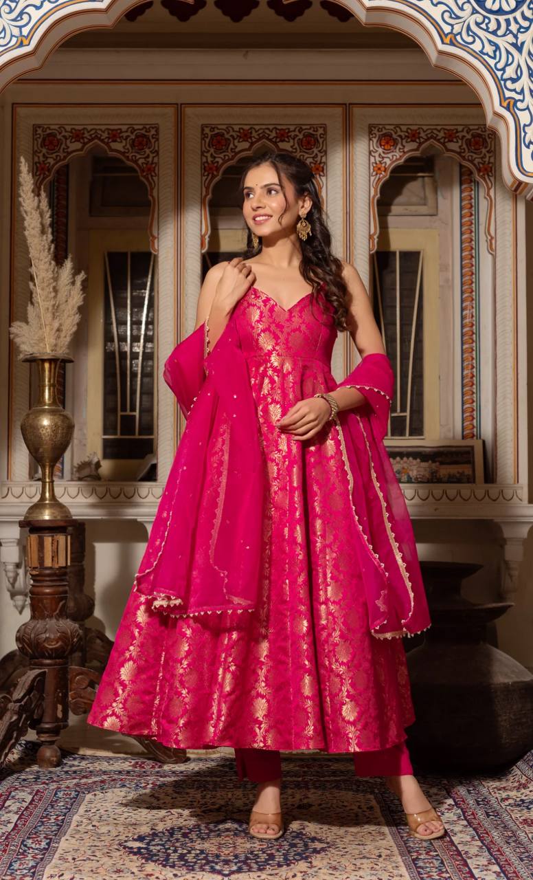 Rani Cclor Jacquard Anarkali Gown Dupatta Bottom Set