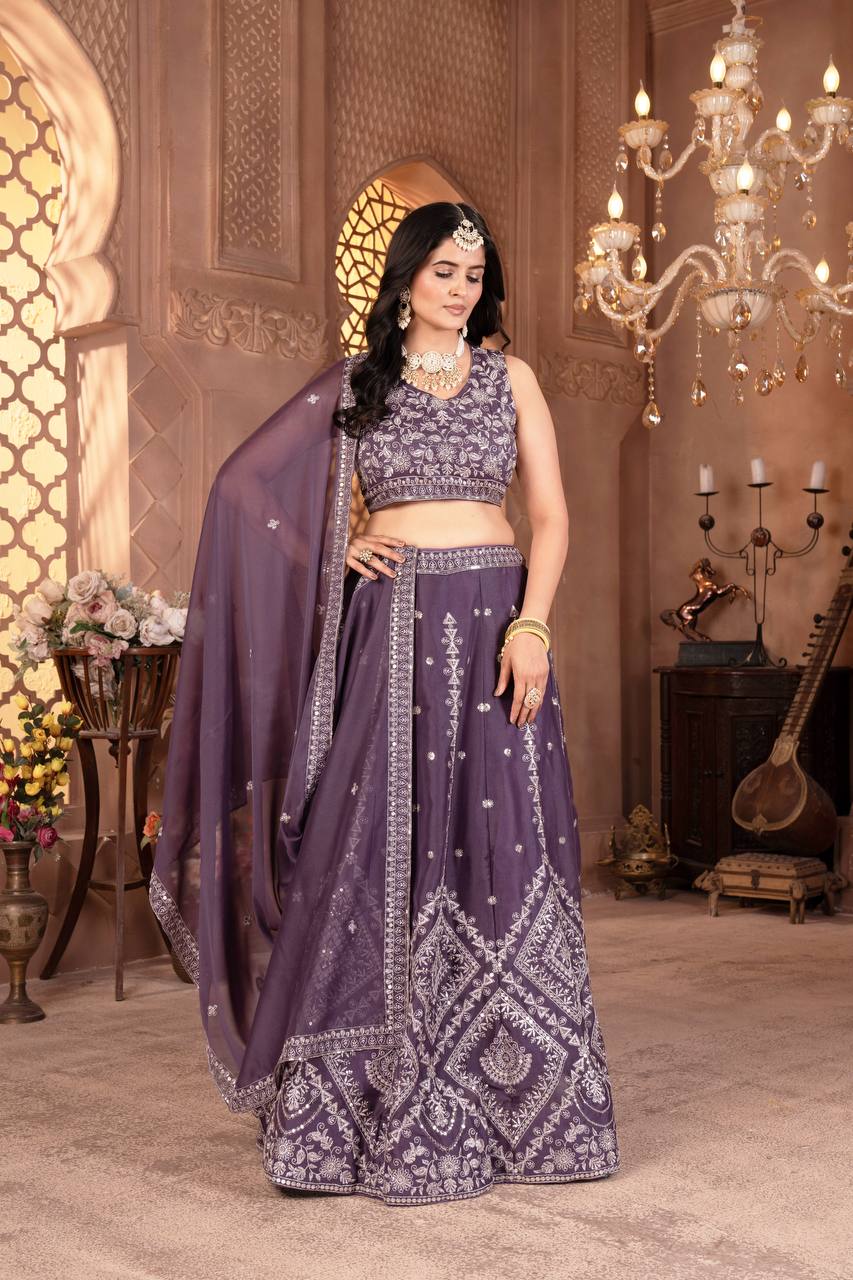 Wedding Wear Violet Color Georgette Sequence Lehenga Choli