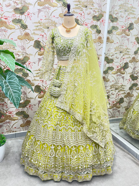 Green Color Net Sequence Lehenga Choli