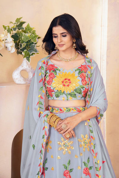 Latest Grey Color Georgette Embroidery Lehenga Choli
