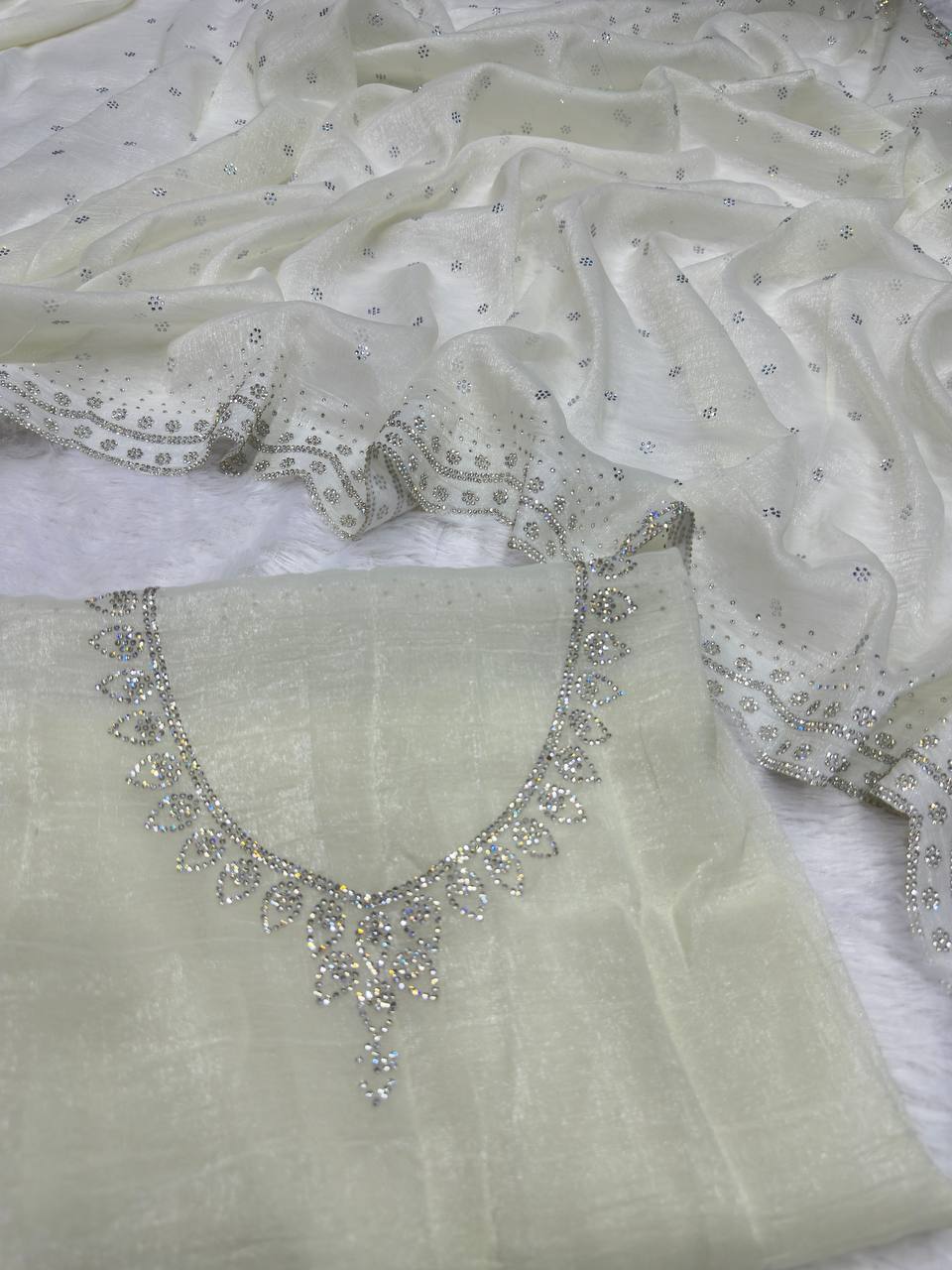 Latest Cream Diamond Crunchy Saree Blouse