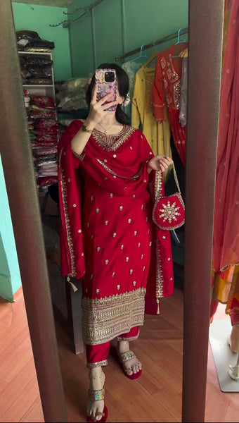 Red Color Roman Silk Sequence Salwar Suit