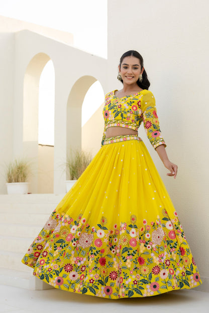 Wedding Wear Yellow Color Organza Sequence Lehenga Choli