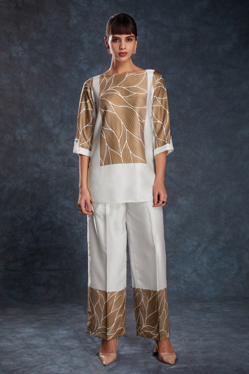 White Color Satin Printed Co-Ord Set