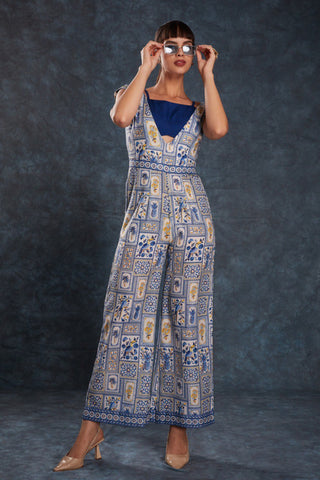 Blue Color Linen Printed Jump Suit