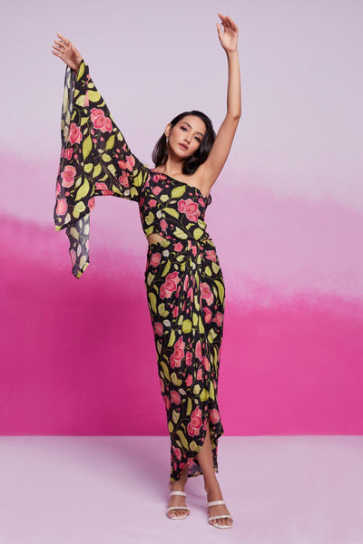 Black Color Chinon Silk Printed Co-Ord Set