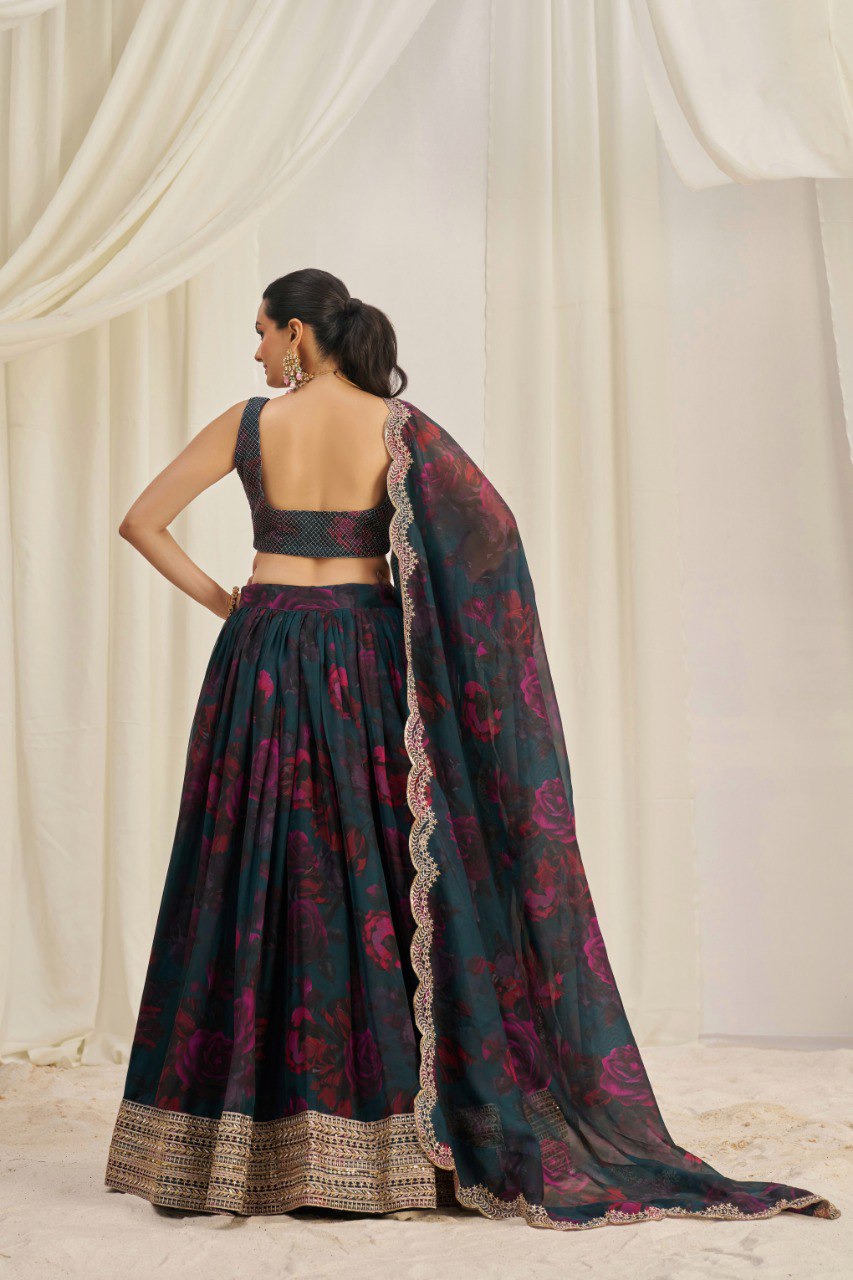 Blue Color Organza Printed Sequence Lehenga Choli