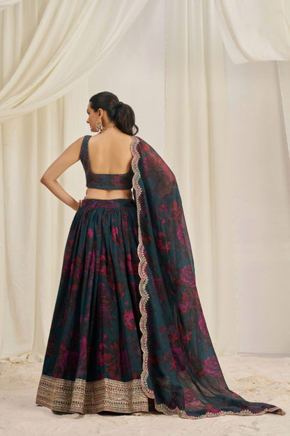 Blue Color Organza Printed Sequence Lehenga Choli
