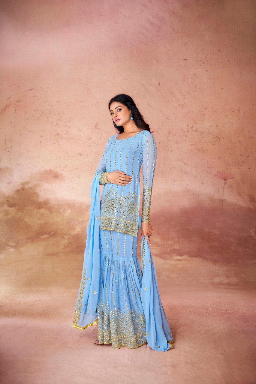 Latest Blue Color Georgette Sequence Sharara Suit