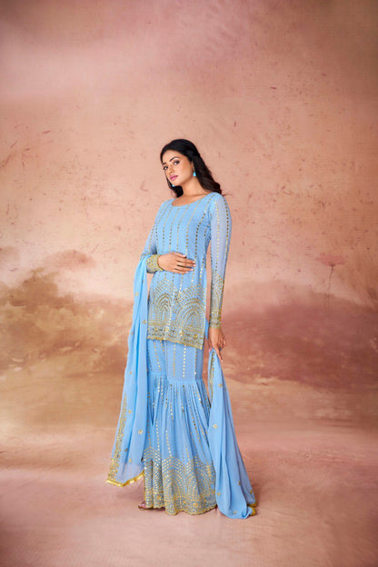 Latest Blue Color Georgette Sequence Sharara Suit