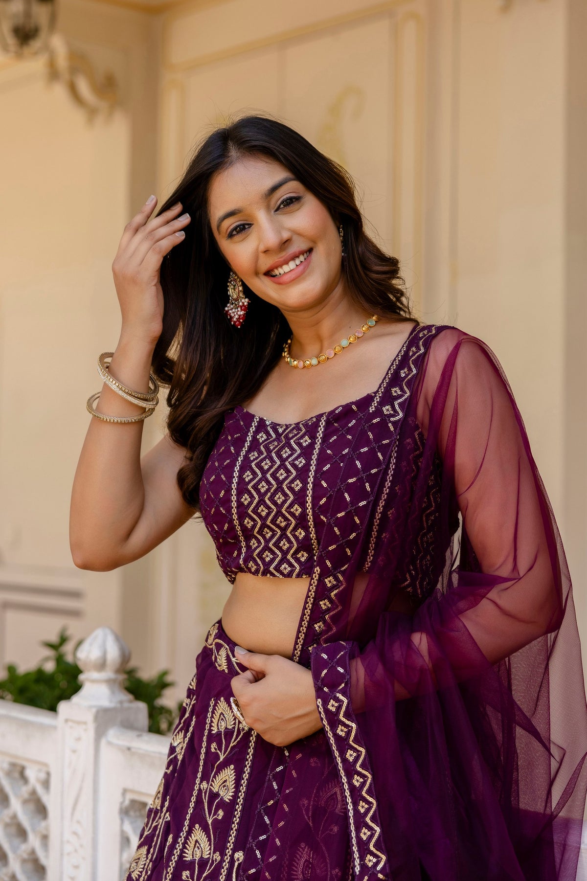 Wine Color Georgette Sequence Lehenga Choli