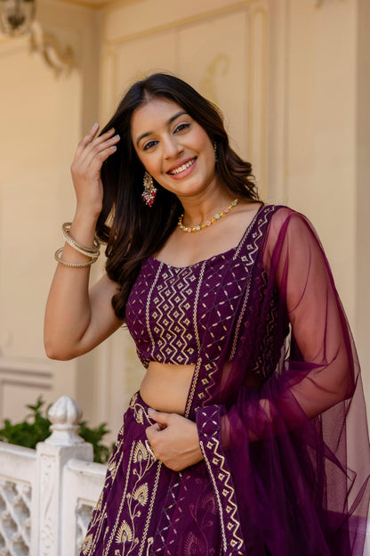 Wine Color Georgette Sequence Lehenga Choli