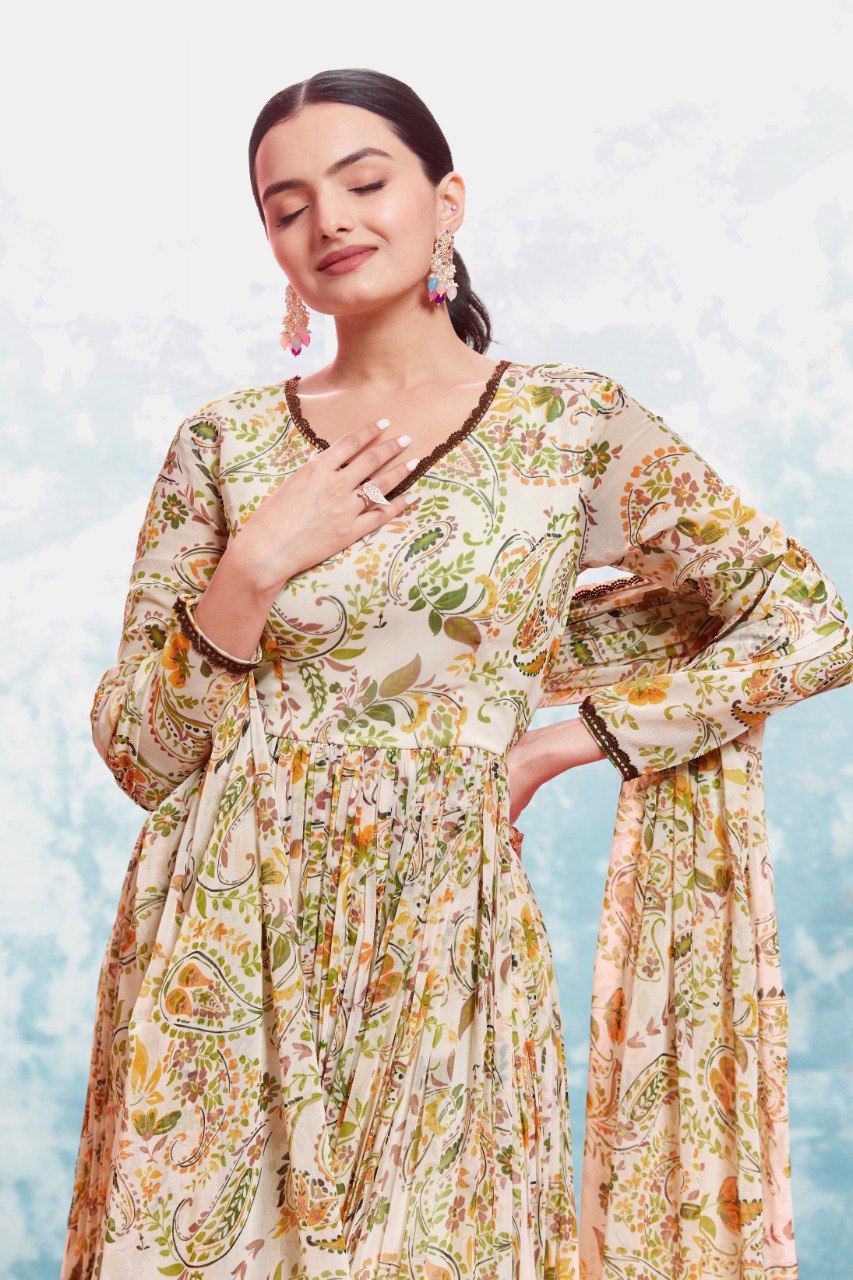 Cream Color Chiffon Digital Printed Anarkali Top Pant Dupatta