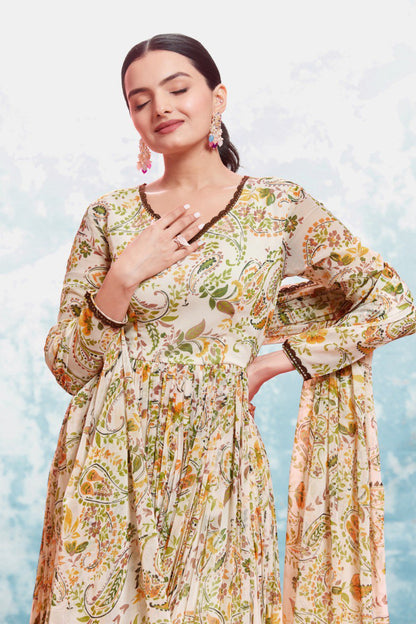 Cream Color Chiffon Digital Printed Anarkali Top Pant Dupatta