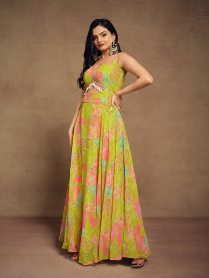 Green Color Georgette Digital Printed Gown
