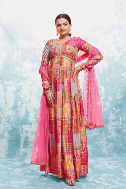 Latest Pink Color Cotton Printed Gown Dupatta