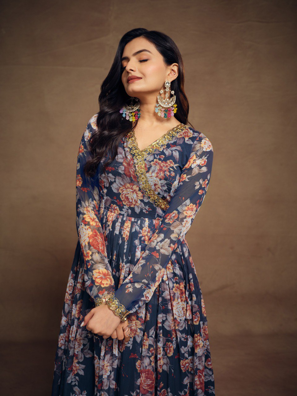 Blue Color Embroidered Chiffon Plazo Suit