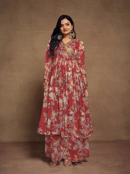 Red Color Chiffon Embroidered Zari Plazo Top Dupatta