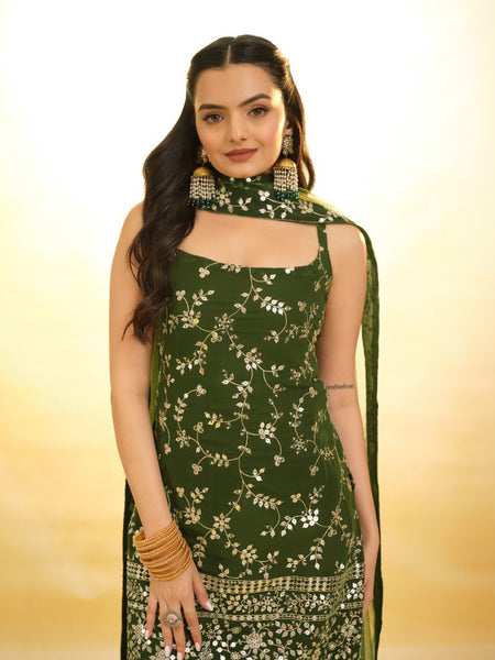 Green Color Embroidered Georgette PLazo Suit