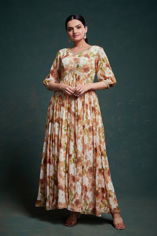 Party Wear Cream Color Chiffon Gown