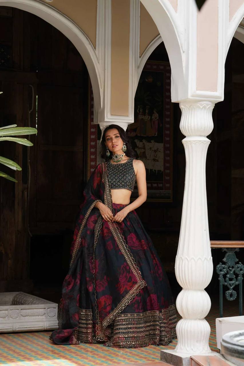 Black Color Tabby Organza Sequence Lehenga Choli
