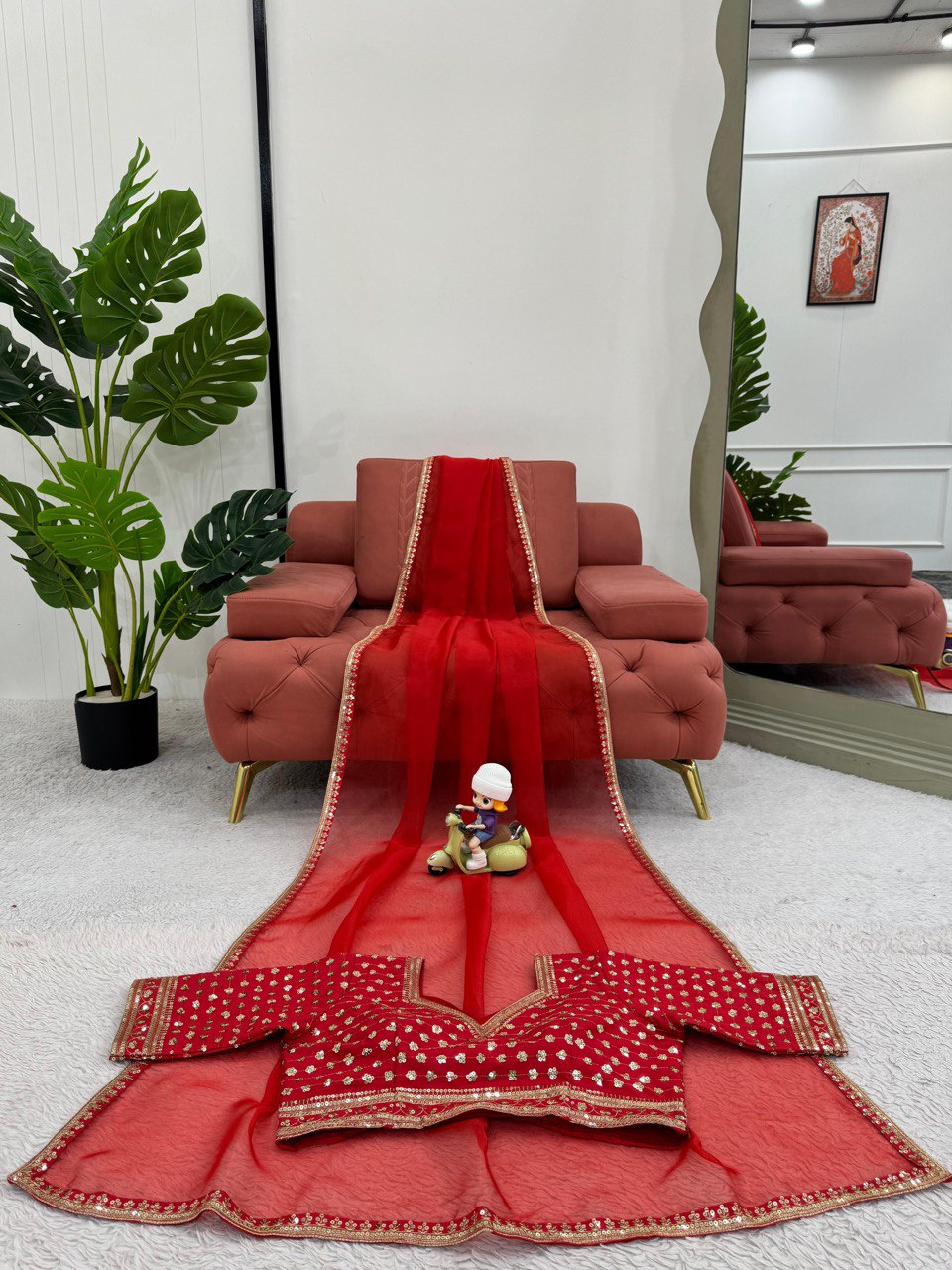 Organza Silk Saree with All-Over Thread & Sequin Work and Matching Blouse