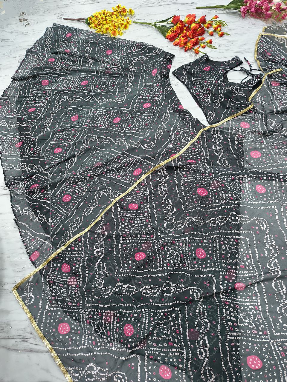 Designer Georgette Lehenga Choli with Printed Work & Lace Border Dupatta