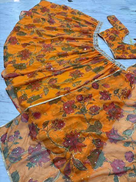 Vibrant Orange Floral Taby Silk Lehenga Choli Set