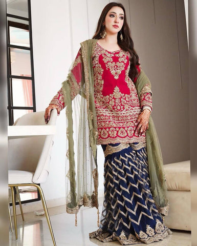 Red Color Georgette Embroidery Plazo Suit