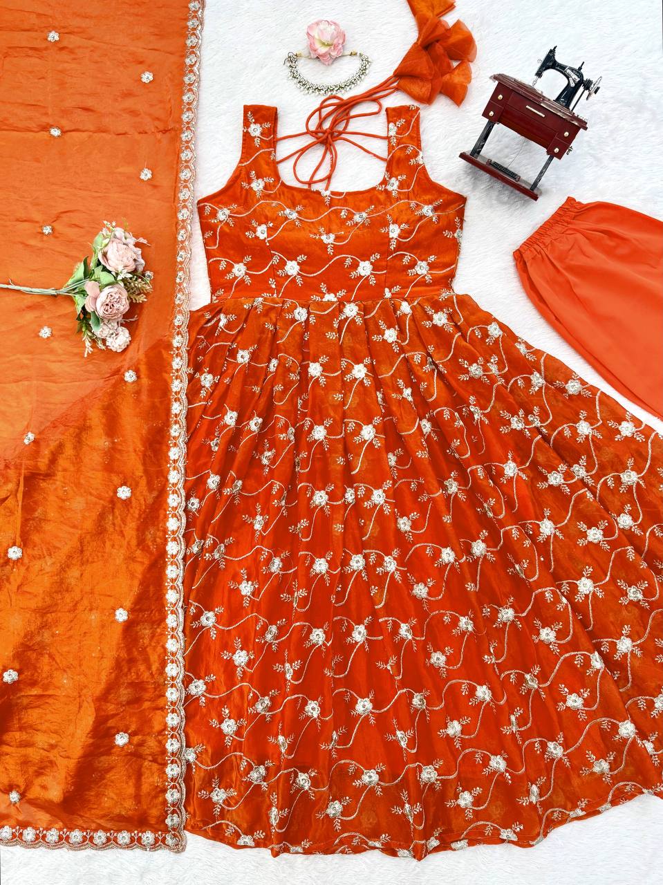 Orange Heavy Fendy Silk Anarkali Dress with Dupatta | Thread & Sequin Work | Sizes M to XXL
