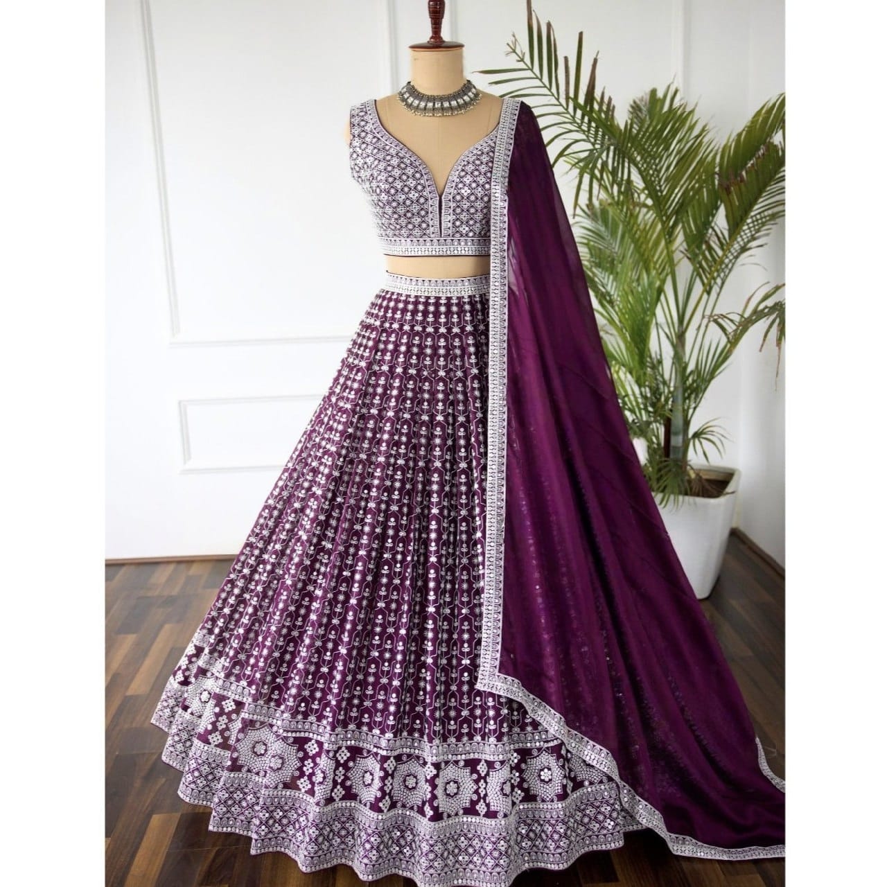 Wine Color Georgete Thread Lehenga Choli