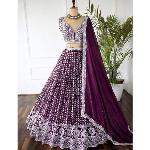 Wine Color Georgete Thread Lehenga Choli