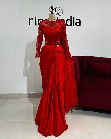 Party Wear RED Color Satin Silk Sequence Thread Work Saree Blouse
