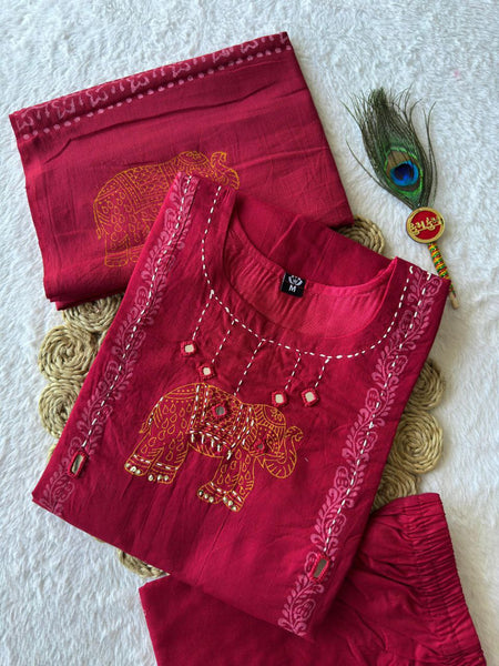 Red Hand Work Roman Silk Kurti Pant Set