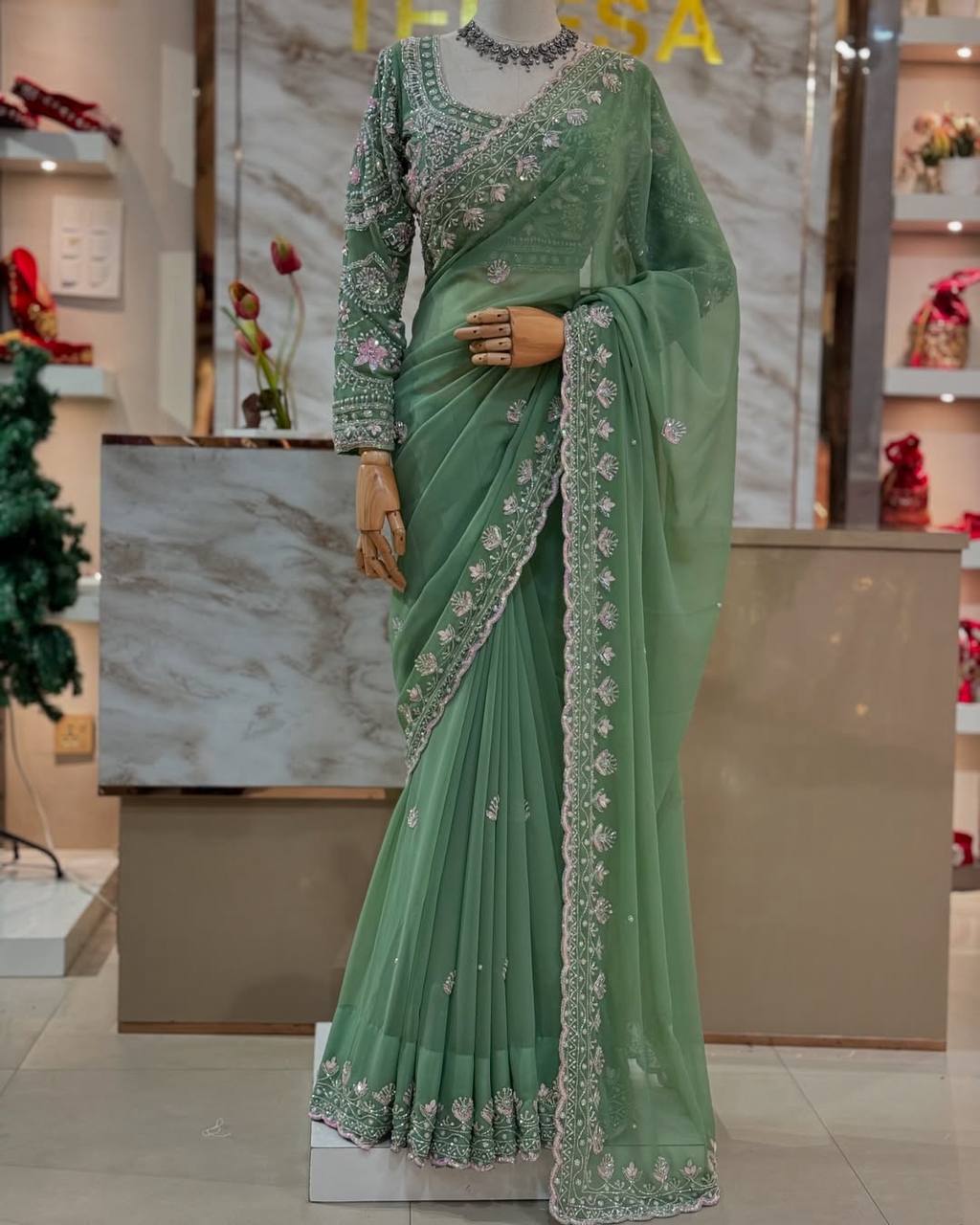 Sea Green Georgette Saree Blouse