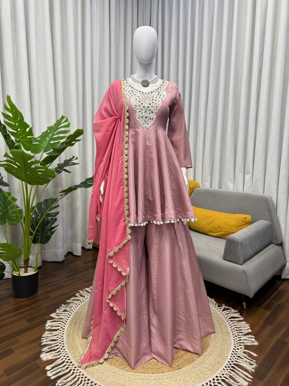 Elegant Cosmos Silk Plazzo Set with Real Mirror Work