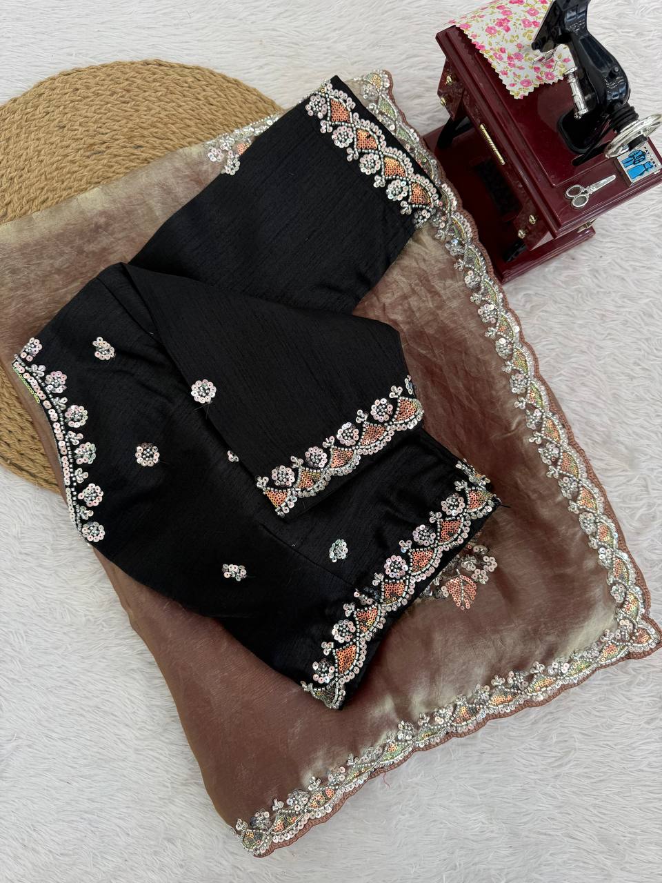 Premium Fendy Silk Saree with Hand-Crafted Beads & Sequence Embroidery