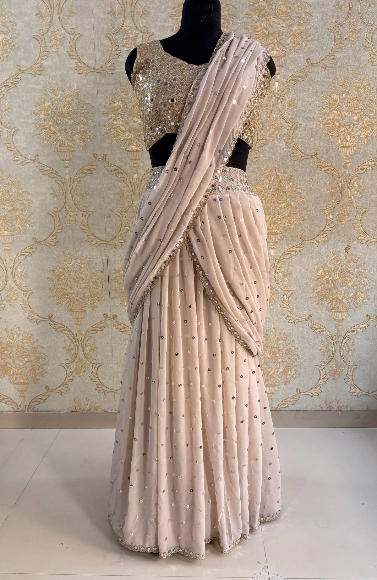 Premium Faux Georgette Ready-to-Wear Saree with Real Mirror & Sequins Work