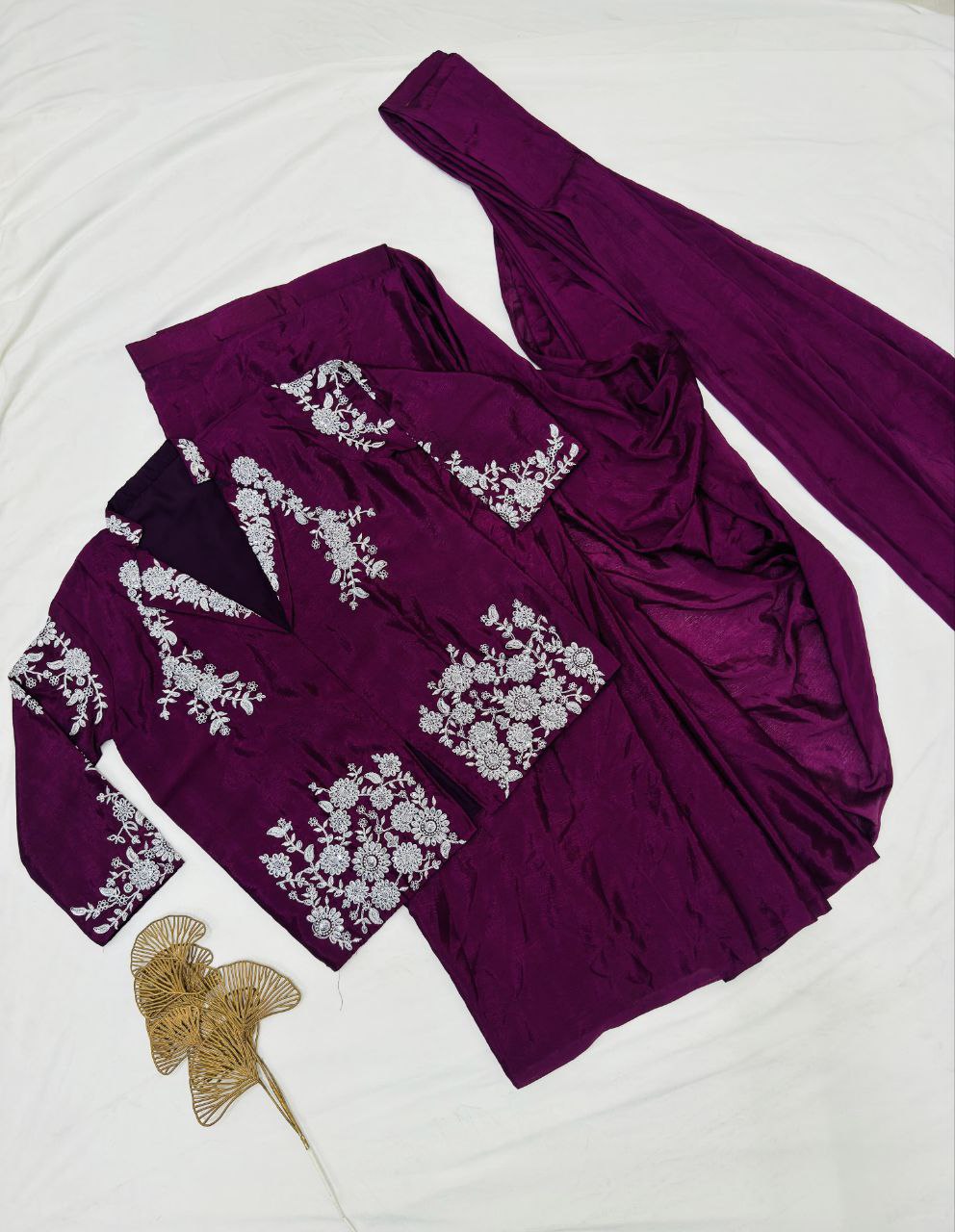Designer Chinnon Silk Ready-to-Wear Drape Saree with Multi-Thread Embroidered Jacket Blouse