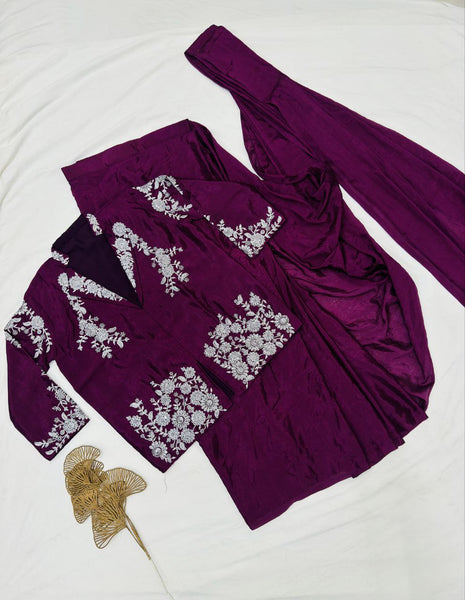 Designer Chinnon Silk Ready-to-Wear Drape Saree with Multi-Thread Embroidered Jacket Blouse
