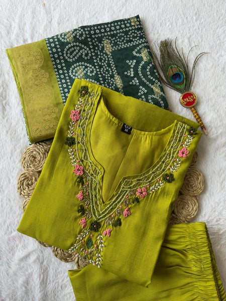 Green Color Hand Work Roman Silk Ready Made Salwar Suit