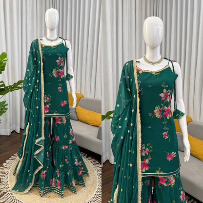 Elegant Digital Print Faux Georgette Sharara Set with Ruffle Style