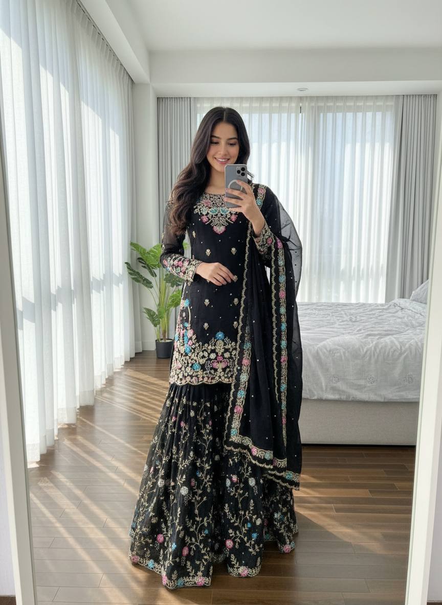 Premium JMC Silk Sharara Set with Sequence & Rivet Moti Work