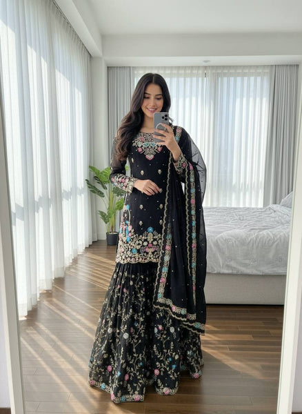 Premium JMC Silk Sharara Set with Sequence & Rivet Moti Work