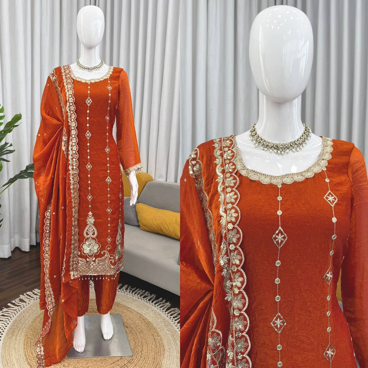 Graceful Fendy Silk Embroidery Suit with Cut-Work Dupatta