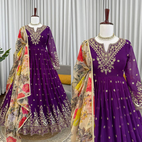Elegant Georgette Gown Set with Organza Digital Print Dupatta