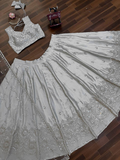 Elegant Silver Japan Satin Embroidered Lehenga Choli Set