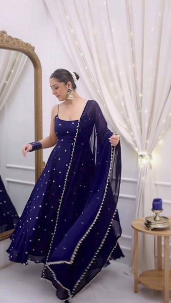 Elegant Navy Blue Fendy Silk Embroidered Anarkali Suit Set with Moti-Lace Dupatta