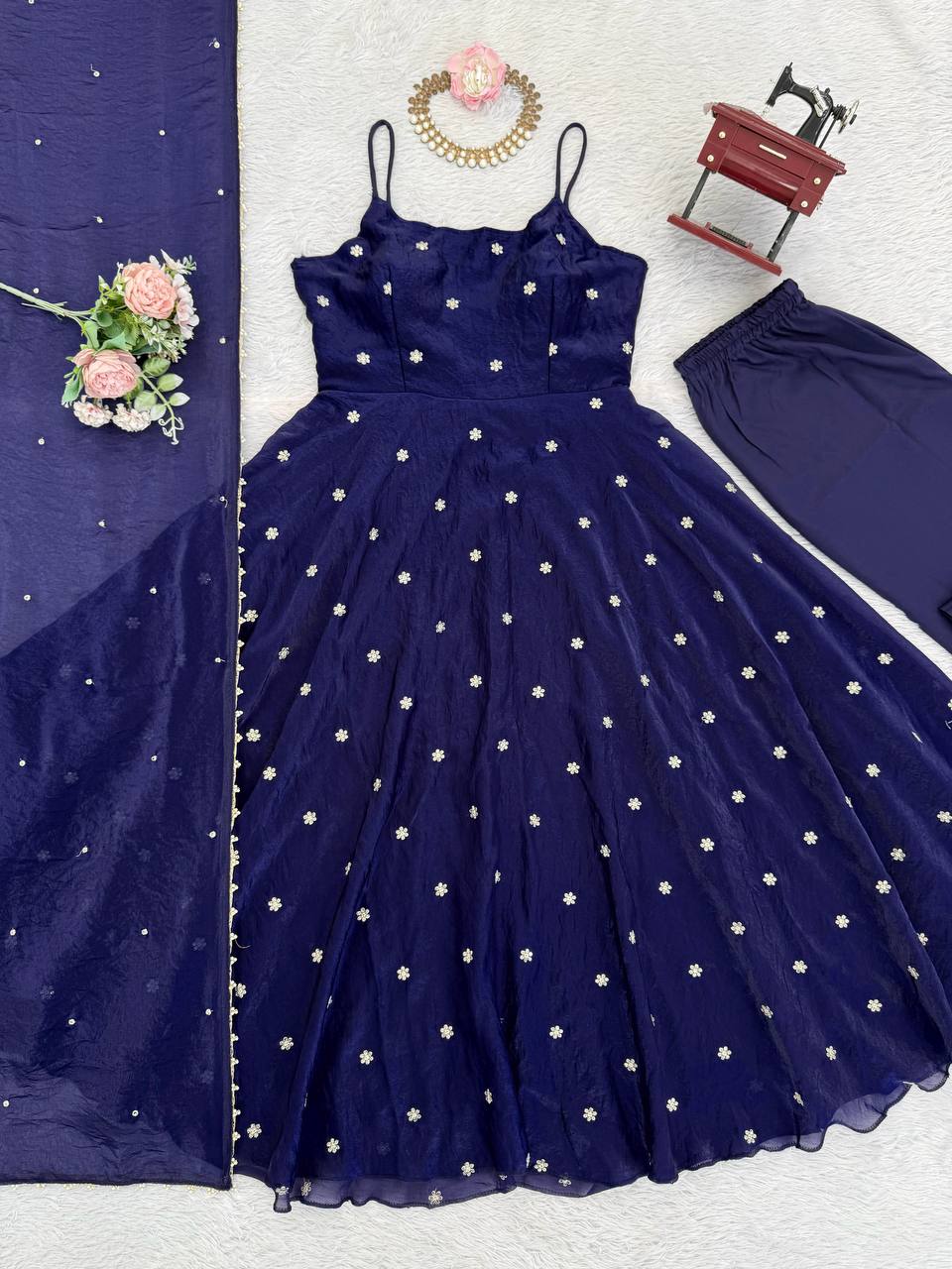 Elegant Navy Blue Fendy Silk Embroidered Anarkali Suit Set with Moti-Lace Dupatta